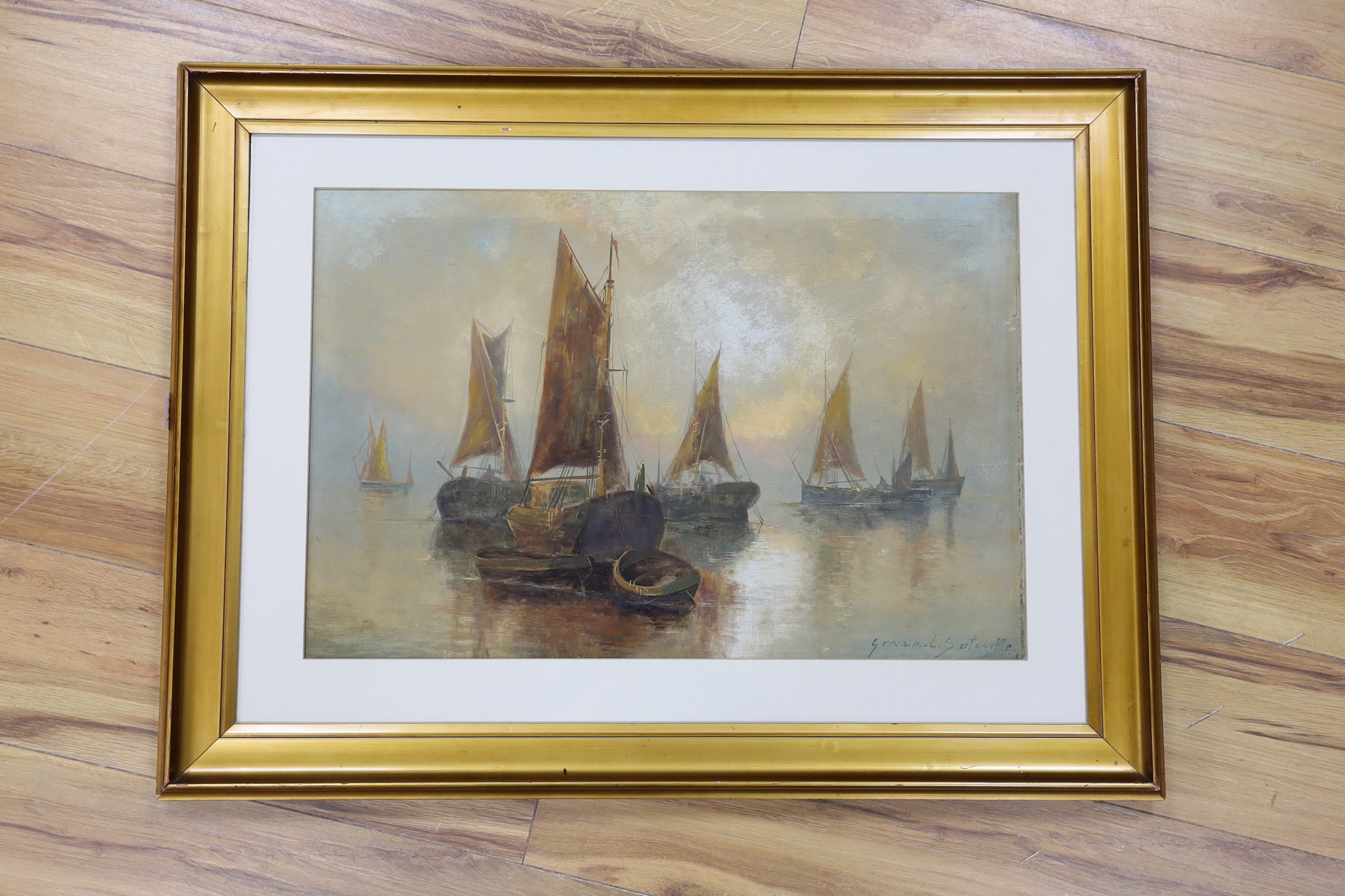 Gerald Sutcliffe (19th C.), oil on canvas laid on board, Fishing boats at anchor, signed, 39 x 59cm